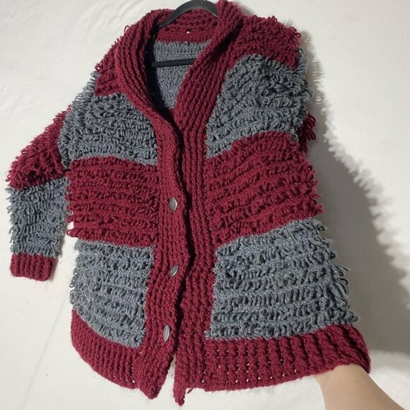 Hand Knit Burgundy Grey Striped Loopy Stitch Knit Button Up Cardigan XXL - Picture 9 of 12
